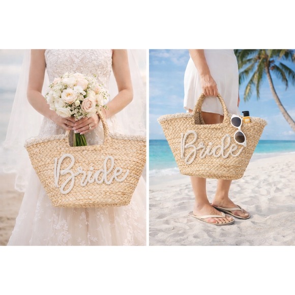 Handbags - Romantic Coastal Bride Straw Tote Pearl Trim Beach Wedding Tote NWT